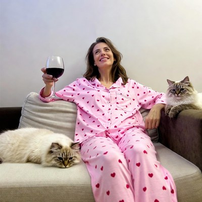 Woman in pink pajamas with cats holding wine