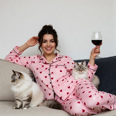 Woman in pink pajamas with cats