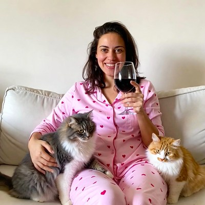 Woman in pink pajamas with cats holding wine