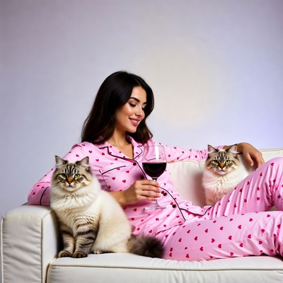 Woman in pink pajamas with cats and wine