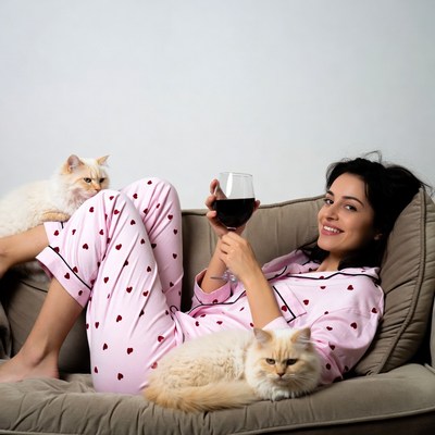 Woman in pink pajamas with cat and wine