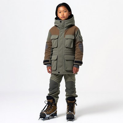 Asian girl in green parka with crampons
