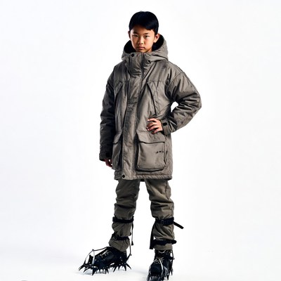 Asian boy in gray parka and spiked boots