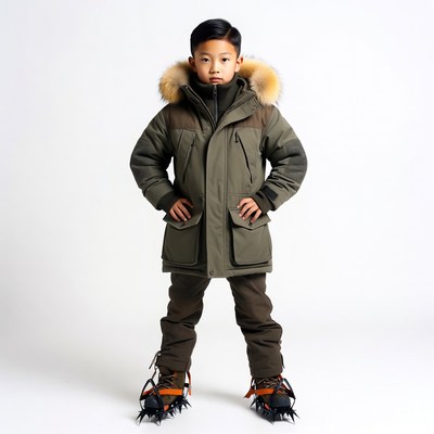 Asian boy in fur hood winter parka