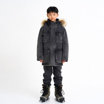 Asian boy in fur hood parka