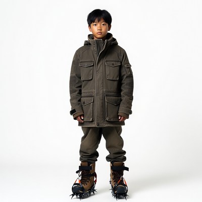 Asian boy in khaki parka and snow boots
