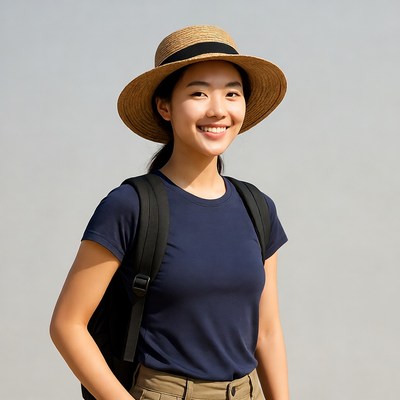 Asian woman in straw hat backpack