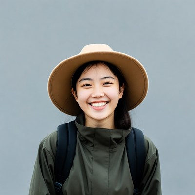 Asian woman smiling in beige hat