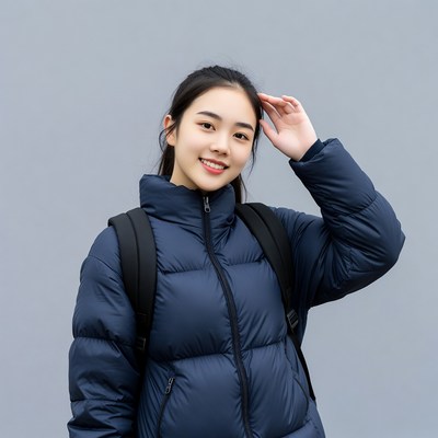 Asian woman in navy jacket with backpack