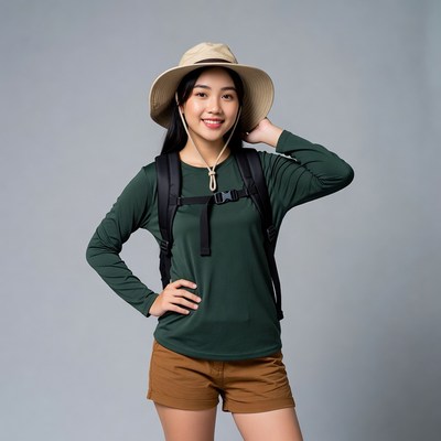 Asian woman in hiking gear smiling