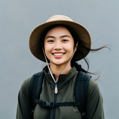 Asian woman in hat with backpack