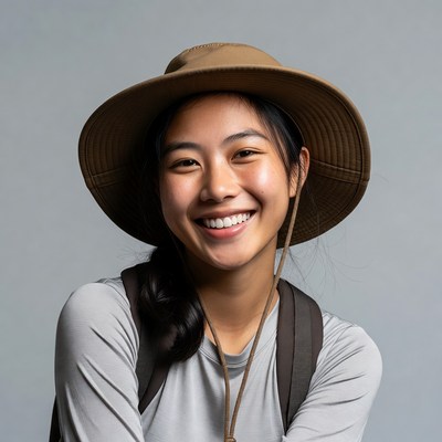 Asian girl smiling in hat and backpack
