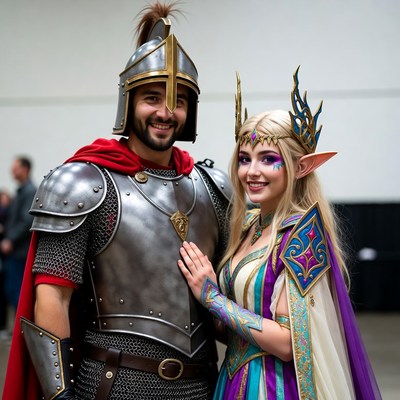 Knight and Elf Cosplayers Posing Together