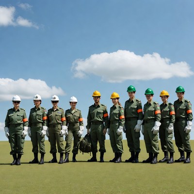 Military personnel in green uniforms and hard hats