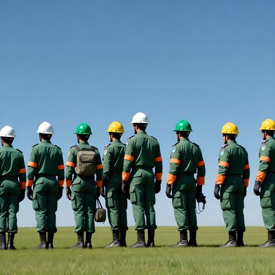 Workers in green uniforms standing in field