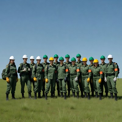 Group of construction workers in green uniforms