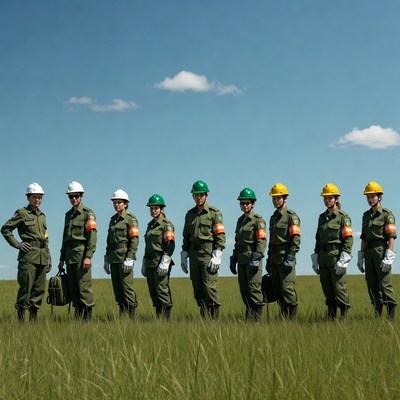 Group of women in green uniforms standing in field