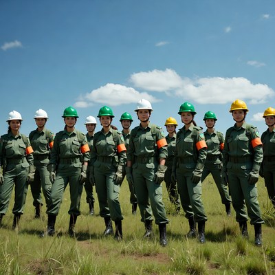 Group of Asian women in green uniforms