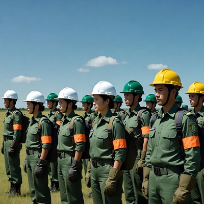 Asian firefighters standing in formation
