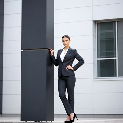 Business woman leaning on pillar