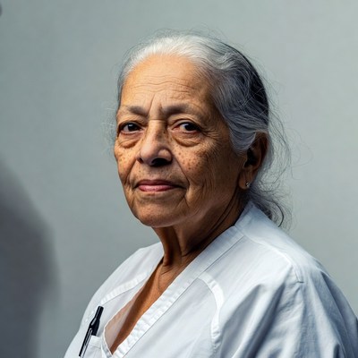 Elderly woman in white nurse uniform
