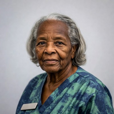 Elderly African-American woman in scrubs