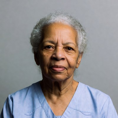 Elderly African-American woman in scrubs