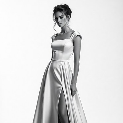 Woman in white satin slit gown