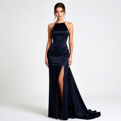 Woman in black satin slit gown