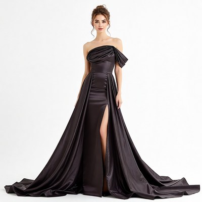 Woman in black draped evening gown