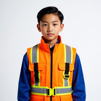 Asian boy in orange safety vest