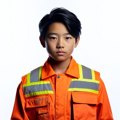 Asian boy in orange safety vest