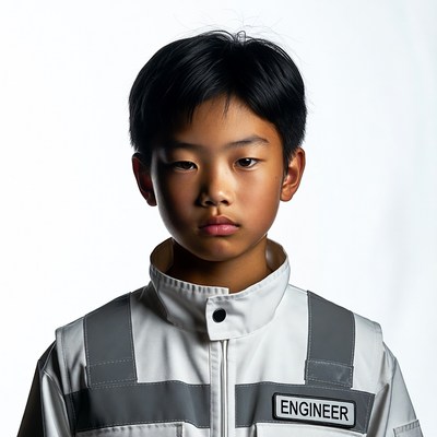 Asian boy in engineer jumpsuit