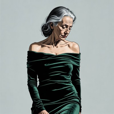 Elderly woman in green off-shoulder dress