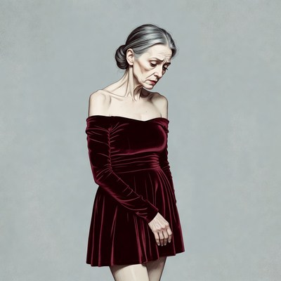 Elderly woman in red velvet dress