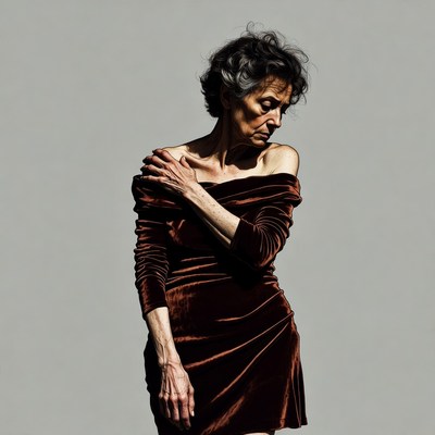 Elderly woman in off-shoulder velvet dress