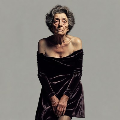 Elderly woman in off-shoulder velvet dress