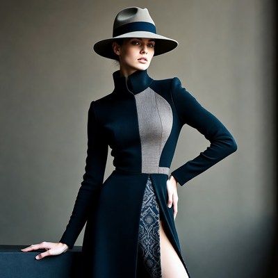 Woman in gray fedora and black dress