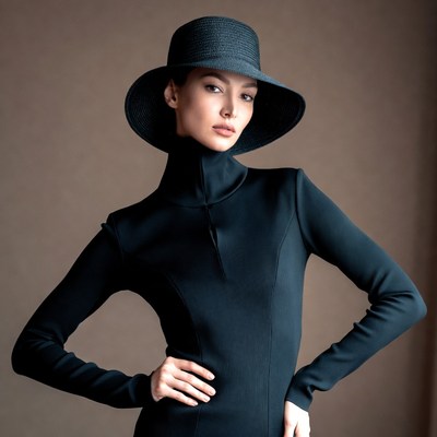 Woman in black hat and dress