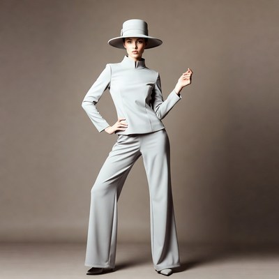 Woman in gray hat and suit posing