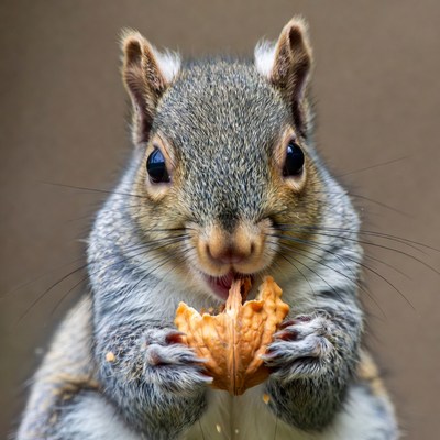 Gray squirrel eating walnut