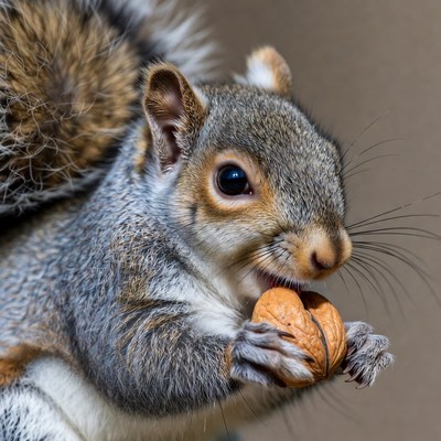 Gray squirrel eating walnut