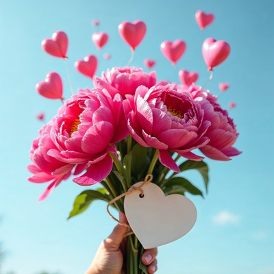 Hand holding pink peonies with heart balloons