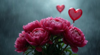 Red Peonies with Hearts in Rain