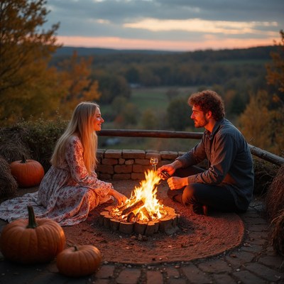 Couple by campfire with pumpkins at sunset