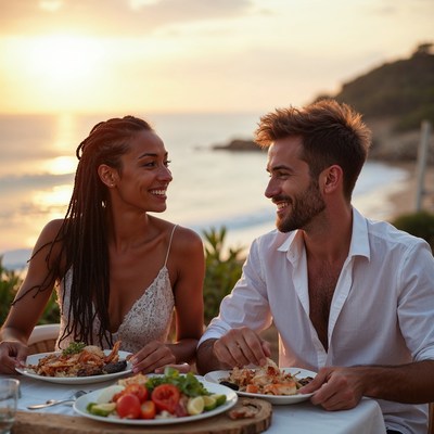 Interracial couple eating dinner at sunset beach