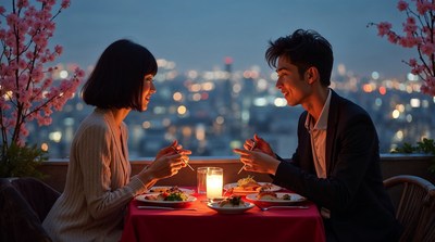 Couple dining romantically on rooftop