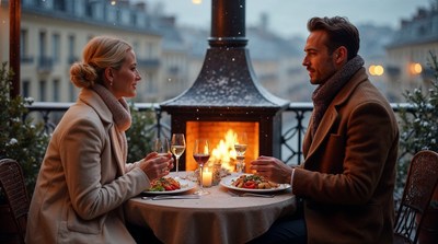 Couple dining by snowy fireplace balcony