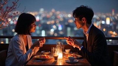 Asian couple dining on rooftop at night