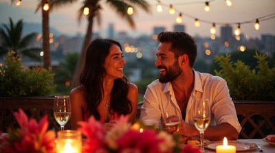 Couple enjoying romantic dinner on balcony